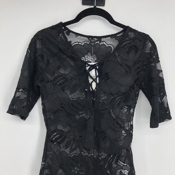 NWT Guess Black Lace Up Sheer Floral Lace Corset Bodysuit Mesh 1/4 Sleeve size S - Picture 4 of 16